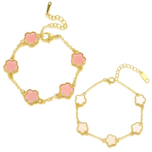 JEYORZY 2 Stück Armband Damen Gold Vierblättriges Kleeblatt Armband Set 18 Karat Vergoldet Armband Edelstahl Verstellbare Glücksbringer mit Klee Gold Schmuck Geschenk für Frauen Mädche(Rosa, Weiß) von JEYORZY