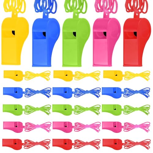 JEYORZY 20 Stück Pfeifen, Trillerpfeife, Schiedsrichterpfeife, Sportpfeifen mit Lanyard Plastik Pfeifen Kinder 5 Farben Plastik Pfeife Trillerpfeifen für Trainer Schiedsrichter Fußball Hundetraining von JEYORZY
