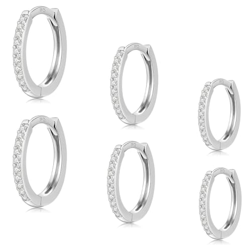 JEYORZY 3 Paar Ohrringe Creolen Ohrringe Set mit Zirkonia Hypoallergen Klein Creolen Schlafen Ohrringe Creolen Silber Ohrringe Damen Hypoallergen Cubic Zirkonia Ohrringe Set Damen Schmuck 8/10/12MM von JEYORZY