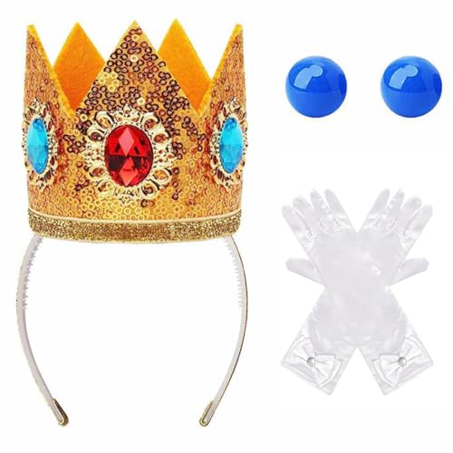 JEYORZY 3 StüCk Set Prinzessin Peach KostüM ZubehöR,Krone/Ohrringe/Handschuhe,Damen-Prinzessin-ZubehöR Für Frauen Mädchen Karneval Halloween Cosplay von JEYORZY