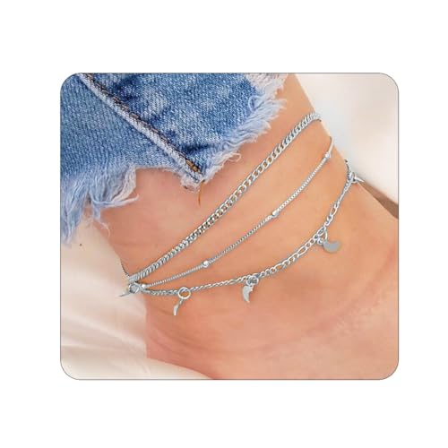JEYORZY 3-stück Fußkettchen Silber für Damen, Mehrreihig, Wasserdicht, Verstellbar, Ideal für Sommer, Strand und Alltag von JEYORZY