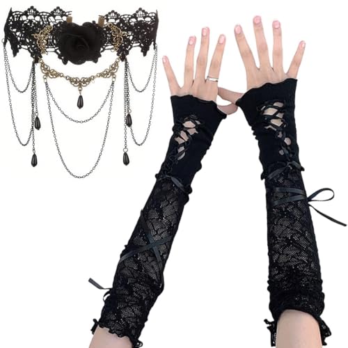 JEYORZY 3pcs Gothic Vintage Set, Spitzenhandschuhe Schwarz, Netzhandschuhe Schwarz und Choker Kette Damen Schwarze Handschuhe Kostüm Handschuhe Hexen Zubehör Gothic Spitze Punkhandschuhe für Halloween von JEYORZY