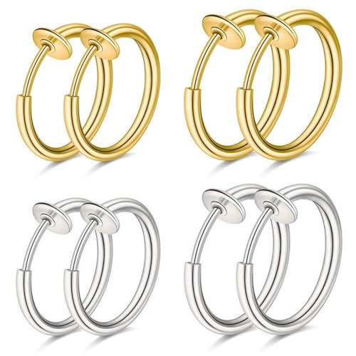 JEYORZY 4 Paar Edelstahl-Ohrclips für Männer & Frauen, gefälschte Ohrringe, kein Piercing notwendig, Ohrringe in Hoop-Ring- & Ear-Cuff-Design, perfekt für Männer & Mädchen von JEYORZY