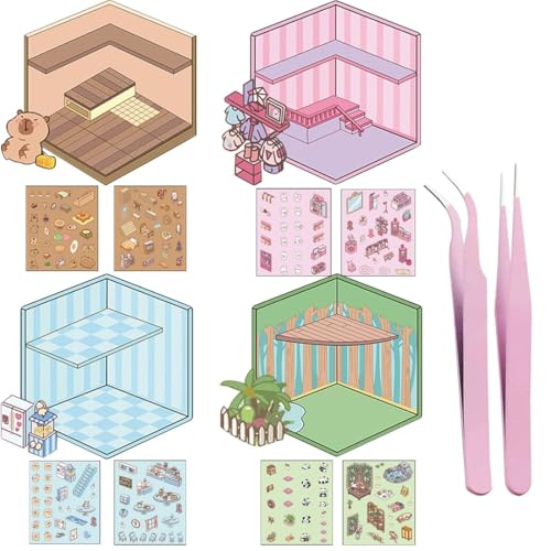 JEYORZY 4 Sets 3D House Stickers, Miniatur Haus Sticker 3D, 3D Sticker Scene, Haus Aufkleber Machen Sie Ihren Eigenen, Wiederverwendbare Stickers, Relief Stress für Erwachsene und Kinder von JEYORZY