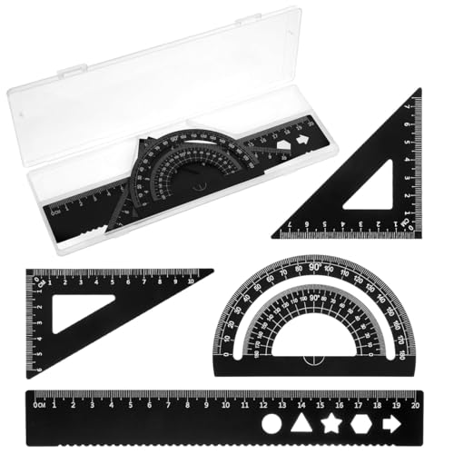 JEYORZY 4 Stück Metall Lineal-Set, Geodreieck Set, aus Aluminiumlegierung Metall Architekten-Skala Lineal Set Geometrie-Set Winkelmesser-Zeichnungsset Winkelmesser-Messwerkzeug für SchüLer (Schwarz) von JEYORZY