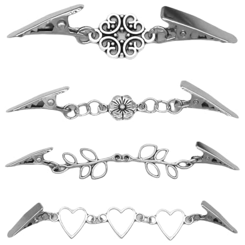 JEYORZY 4 Stück Vintage Cardigan Clips für Frauen Pullover Clips, Silberne Blusen Kleider Kragen Verschluss Schal Clips Broschen, für Kleidung Retro Elegante Strickjacke Clips Charme Accessoires von JEYORZY