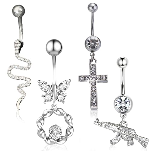 JEYORZY 4 er Set Bauchnabelpiercing, Belly Piercing, Piercing Bauchnabel Ring CZ Bauchnabelpiercing Silber, Bauchpiercing Barbell Lang Nabel Bars Nabelring Piercing für Damen, Piercing Schmuck Damen von JEYORZY