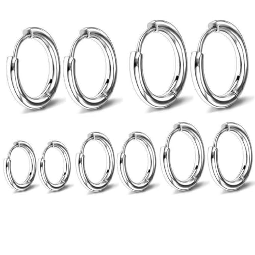 JEYORZY 5 Paare Edelstahl Creolen Ohrringe für Damen und Herren - Silberfarbene Ohrringe in Größen von 8-16mm - Kreolen für Männer und Frauen von JEYORZY