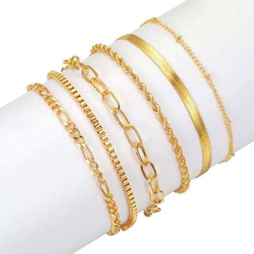 JEYORZY 6 Pcs Armband Damen Edelstahl Ketten Armbänder Set, Armbander für Damen, Armbander Twist Schlange Armkette Damen CZ Verstellbar Armband, Modeschmuck Armbander, Gold Armband für Damen Frauen von JEYORZY