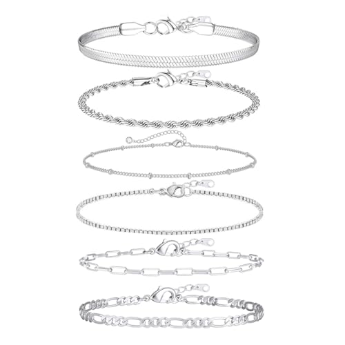 JEYORZY 6 Pcs Ketten Armbander für Damen, Armkette Damen Twist Figaro Kettenarmbänder Verstellbar Modeschmuck Armbander Set Silber Armbander für Damen Mädchen, Armband für Damen Frauen von JEYORZY