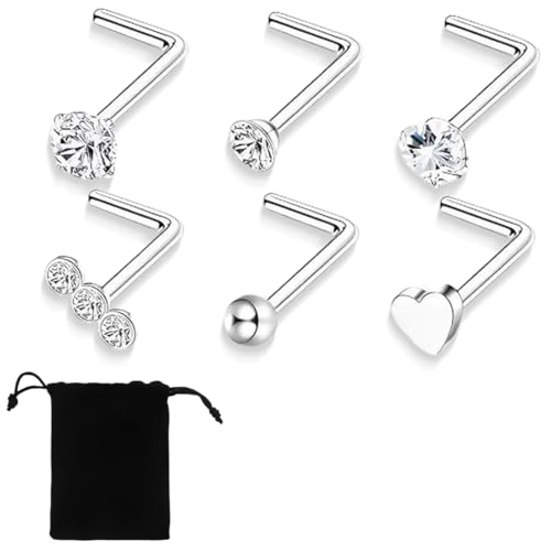 JEYORZY 6 Stück 316L Nasenpiercing Steck, Chirurgenstahl, Hypoallergen, Nasenstecker,Chirurgenstahl Nasenring Piercing Set, Nasenstecker mit Zirkonia für Frauen und Männer von JEYORZY