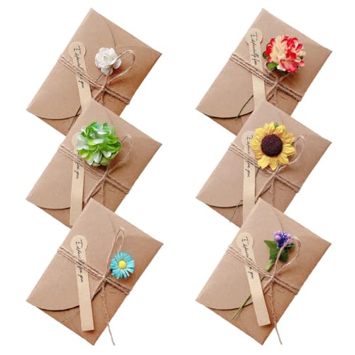 JEYORZY 6 Stück Grußkarte Set Blanko Handgemachte Retro Kraftpapier Karte und Umschlag Blanko mit Getrocknete Blumen für Erntedankfest, Valentinstag, Muttertag, 6 verschiedene Arten von Blumen von JEYORZY