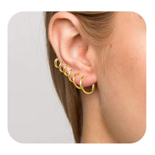 JEYORZY 6 pcs Kleine Creolen Gold für Damen Mädchen Creolen Gold Ohrringe Set Hypoallergen Cartilage Daith Helix Piercings Ohrringe für Mehrere Piercings, Damen Leichte Kleine Creolen, 8-18MM von JEYORZY