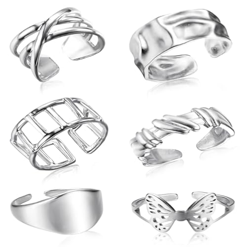 JEYORZY 6 pcs Ringe Set für Damen Edelstahl Knöchel Ringe Stapelbare Offene Daumen Ringe für Frauen Trendy Stapel Ringe, Minimalistischer Fingerringe Damenring, Verstellbare Finger Ringe Offene Knoten von JEYORZY