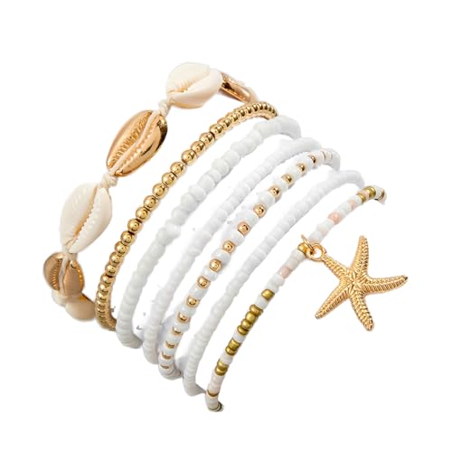 JEYORZY 7 Stück Sommer Beach Stil Metall Seestern & Muschel Perlen für Damen, Boho-Schmuck, Wasserfest, Sommer Accessoires, Fussketten mit Seestern und Muscheln für Frauen Damen Mädchen Strand Schmuck von JEYORZY