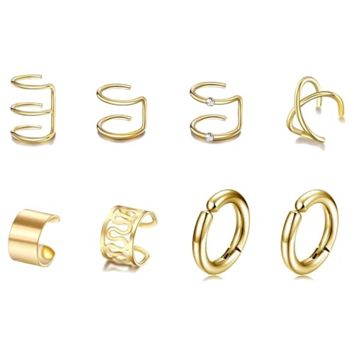 JEYORZY 8 pcs Clip Ohrringe Set, für Damen Ohrmanschette Ohrringe Fake Ohrringe Fakepircings Ohr Earcuffs Gold Clip Ohrringe Non Piercing Fake Helix Knorpel Wrap Cuff Ohrringe Ohrklemme Ohne Ohrloch von JEYORZY