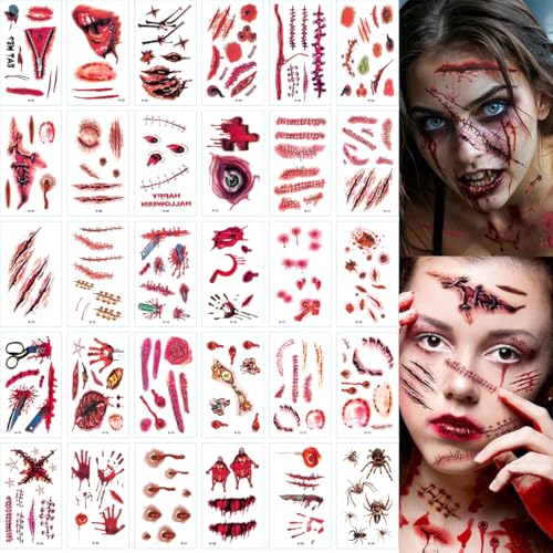 JEYORZY Halloween Tattoos Narben, 30 Blatt Kostüm Damen Herren Gruselig Wunden Tattoo Gesicht, Zombie Vampir Horror Make Up Schminke Zubehör Accessoires Erwachsene Kinder, Gruselig Make up Requisiten von JEYORZY