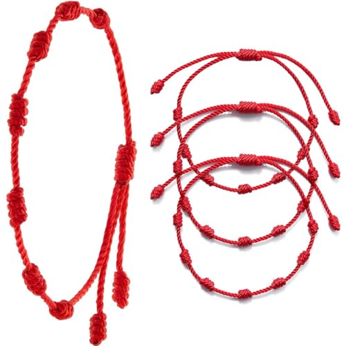 JEYORZY Pack of 4 Rotes Armband, Handgemachtes Glück 7 Knoten Armband, Einstellbare Rotes Armbänder Schutz, Tibetisches Glücksarmband, Gewebte Armbänder für Frauen Damen Herren Kinder Jungen von JEYORZY