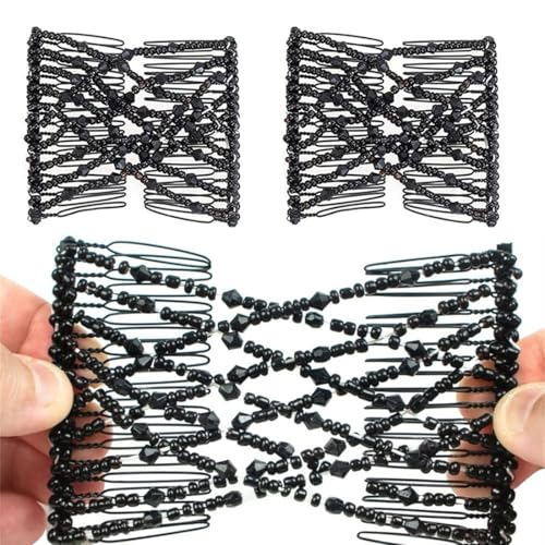 JEYORZY haarkamm, 2 pcs Haarspange Haarkamm, Magic Hair Comb, Haarkamm Elastisch Perlen, Haarspangen Damen, Modisch Dehnbar Haarklammer, Magische Haarspange, Perlen Haarkämme, frisurenhilfe, Schwarz von JEYORZY
