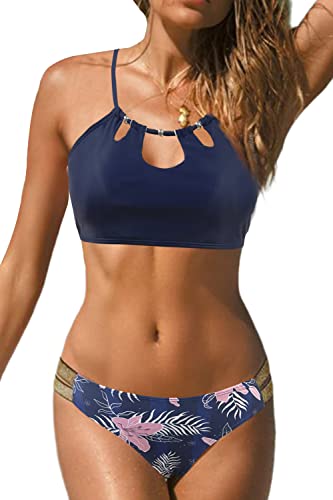 JFAN 2 Stück Damen Bikini Set Triangel Goldenem Gürtel Badeanzug Kordelzug Rückenfrei Bademode Zweiteilige Bikini für Damen Marineblau XL von JFAN