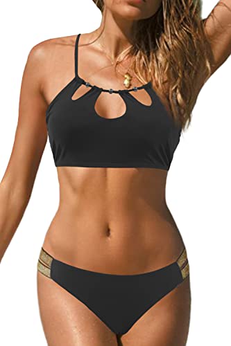 JFAN 2 Stück Damen Bikini Set Triangel Goldenem Gürtel Badeanzug Kordelzug Rückenfrei Bademode Zweiteilige Bikini für Damen Schwarz L von JFAN