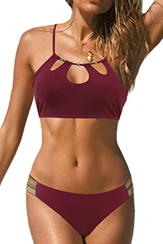 JFAN 2 Stück Damen Bikini Set Triangel Goldenem Gürtel Badeanzug Kordelzug Rückenfrei Bademode Zweiteilige Bikini für Damen Weinrot L von JFAN