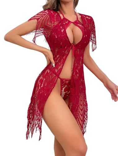 JFAN 3 Piece Women's Lace Lingerie Set mit BH und Tanga Damennachtwäsche Einheitsgröße,Rot von JFAN