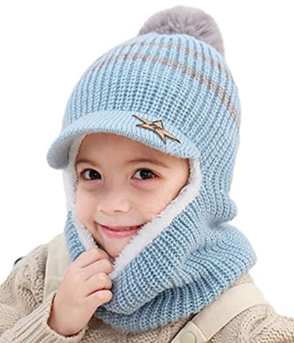 JFAN Baby Warm Strickmütze mit Visier Gehäkeltes Fell Wintermütze Für Kinder mit Ohrenklappen Kleinkind Earflap Fleece Beanie Ski Unisex Mehrfarbig Blau von JFAN