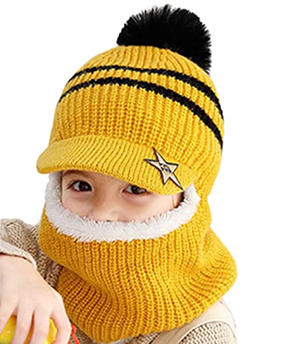 JFAN Baby Warm Strickmütze mit Visier Gehäkeltes Fell Wintermütze Für Kinder mit Ohrenklappen Kleinkind Earflap Fleece Beanie Ski Unisex Mehrfarbig Gelb von JFAN