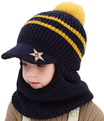 JFAN Baby Warm Strickmütze mit Visier Gehäkeltes Fell Wintermütze Für Kinder mit Ohrenklappen Kleinkind Earflap Fleece Beanie Ski Unisex Mehrfarbig Navy von JFAN