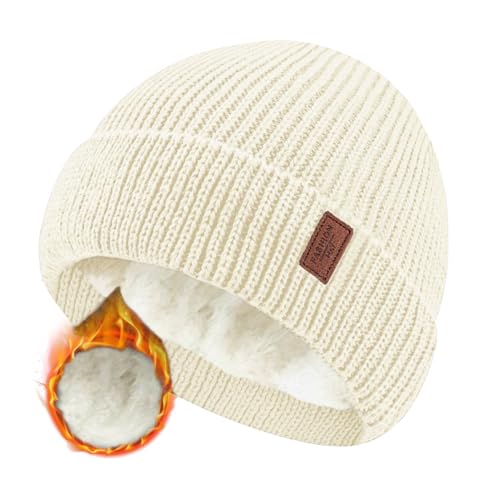 JFAN Beanie Mütze Herren Winter Unisex Wintermütze Strickmütze mit Dickem Warmem Futter Dehnbare Weiche klassisches Wollmütze Warme Fleece Laufmütze Beanie Damen für Winter & Herbst,Weiß von JFAN