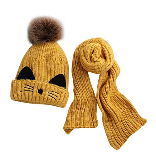 JFAN Beanie Schal Set Jungen Mädchen Wintermütze für Kinder Fleece gefüttert 2-8 Jahre Kleinkind Fell Bommel Mütze Schal Set Strickmützen(Gelb von JFAN