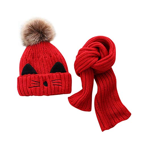 JFAN Beanie Schal Set Jungen Mädchen Wintermütze für Kinder Fleece gefüttert 2-8 Jahre Kleinkind Fell Bommel Mütze Schal Set Strickmützen(Rot von JFAN