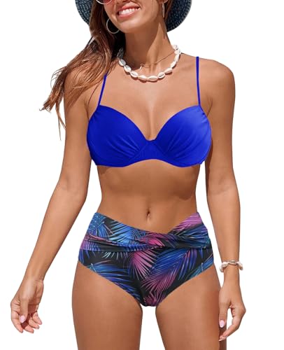 JFAN Bikini Damen Bedruckter Badeanzug Damen mit Hoher Taille BademodeSwimsuit Bikini Push Up Blau S von JFAN