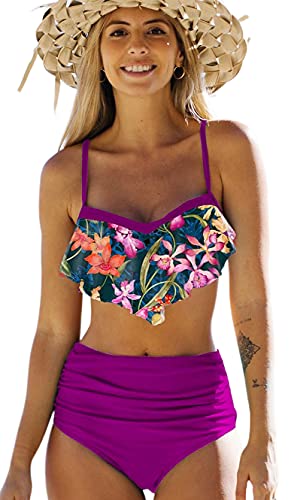 JFAN Bikini Damen Set Push Up Rüschen mit Blumendruck Hochtaillierter Bikini Bekleidung von JFAN