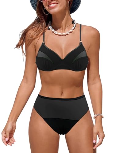 JFAN Bikini Damen Zweiteiler Badeanzug Candy Farbe Hochtaillierter Badeanzug Push up Damen Meer Badeanzüge Schwarz M von JFAN