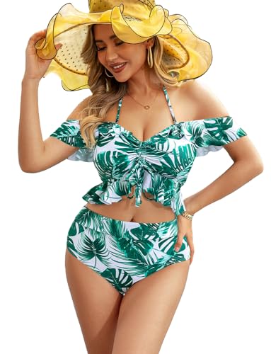 JFAN Bikini Set Off Shoulder Ruffled Flounce Halter Crop Top High Waisted Bottom Tummy Control Swimsuits für Frauen Blätter M von JFAN