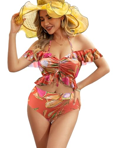 JFAN Bikini Set Off Shoulder Ruffled Flounce Halter Crop Top High Waisted Bottom Tummy Control Swimsuits für Frauen Frucht Orange S von JFAN