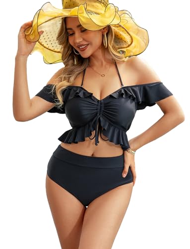 JFAN Bikini Set Off Shoulder Ruffled Flounce Halter Crop Top High Waisted Bottom Tummy Control Swimsuits für Frauen Schwarz L von JFAN