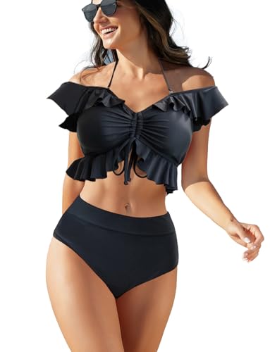 JFAN Bikini Set Off Shoulder Ruffled Flounce Halter Crop Top High Waisted Bottom Tummy Control Swimsuits für Frauen Schwarz S von JFAN