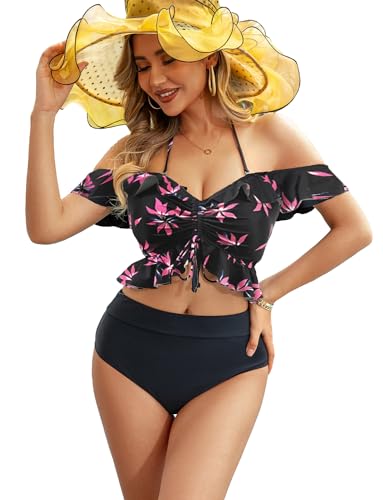 JFAN Bikini Set Off Shoulder Ruffled Flounce Halter Crop Top High Waisted Bottom Tummy Control Swimsuits für Frauen Schwarzes Rotes Blatt L von JFAN