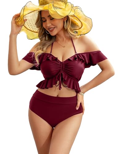 JFAN Bikini Set Off Shoulder Ruffled Flounce Halter Crop Top High Waisted Bottom Tummy Control Swimsuits für Frauen Weinrot M von JFAN