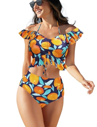 JFAN Bikini Set Off Shoulder Ruffled Flounce Halter Crop Top High Waisted Bottom Tummy Control Swimsuits für Frauen Zitrone Navy L von JFAN