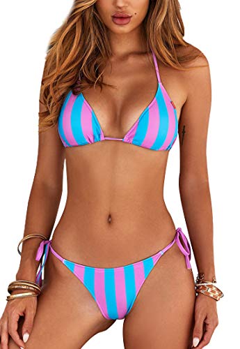 JFAN Bikini Sets für Frauen Tie Side Bottom Halter Triangle Top Two Piece Swimsuits Blau gestreift,L von JFAN