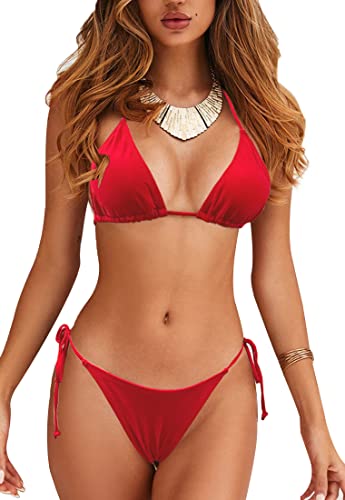 JFAN Bikini Sets für Frauen Tie Side Bottom Halter Triangle Top Two Piece Swimsuits Rot-A L von JFAN