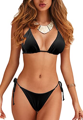 JFAN Bikini Sets für Frauen Tie Side Bottom Halter Triangle Top Two Piece Swimsuits Schwarz-A M von JFAN