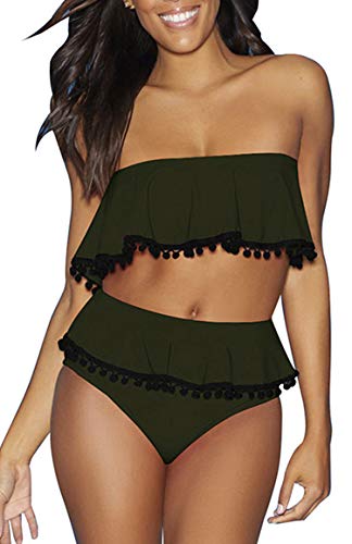 JFAN Damen Badeanzug Geteilter Badeanzug Quaste Volant Push Up Bauchkontrolle Hohe Taille Bikini Set Bademode Swimsuit Schulterfrei Zweiteiliger Badeanzug von JFAN