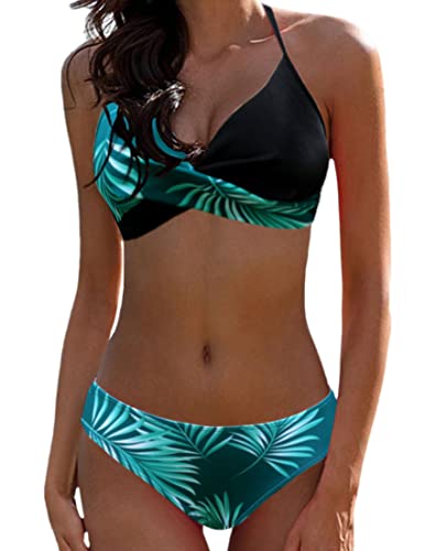 JFAN Damen Badeanzug Push Up Gepolsterter BH Bikini Damen Zweiteiler Bademode Strandkleidung Schwarze Grüne Blätter S von JFAN
