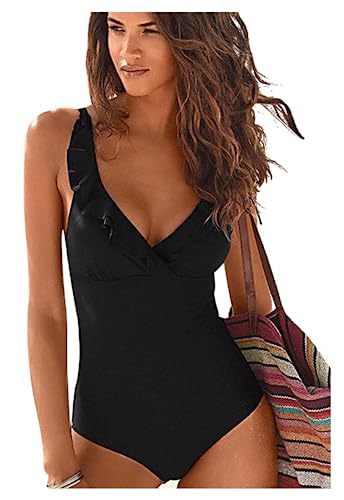 JFAN Damen Badeanzug Rüschen V Ausschnitt Monokini Bauchweg Einteilige Bademode Swimsuit Blätter Siamese Drucken Schwimmanzug Ferien Schwarz,Groß von JFAN