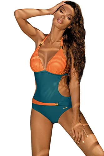 JFAN Damen Badeanzug V Ausschnitt Monokini Bauchkontrolle Bauchweg Einteilige Bademode Farbblock Swimsuit Halfter Rückenfrei Siamese Schwimmanzug Ferien Blau L von JFAN